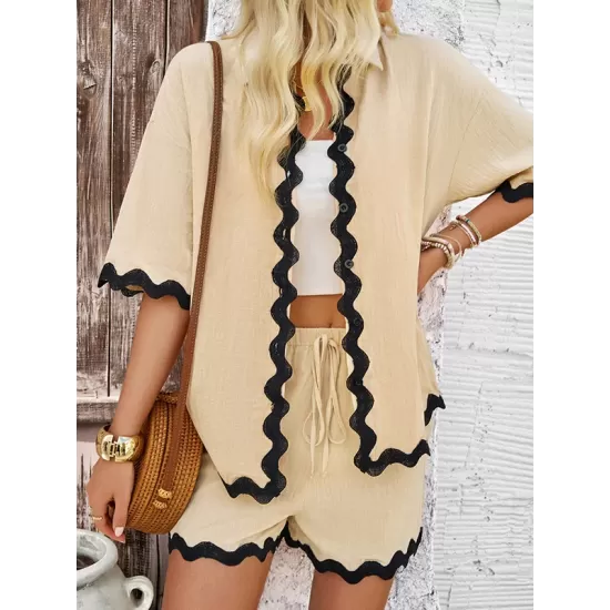 Loose Short Sleeves Split-Joint Lapel Blouse + Drawstring Elasticity Shorts Two Pieces Set Loose Short Sleeves Split-Joint Lapel Blouse + Drawstring Elasticity Shorts Two Pieces Set