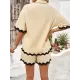 Loose Short Sleeves Split-Joint Lapel Blouse + Drawstring Elasticity Shorts Two Pieces Set Loose Short Sleeves Split-Joint Lapel Blouse + Drawstring Elasticity Shorts Two Pieces Set