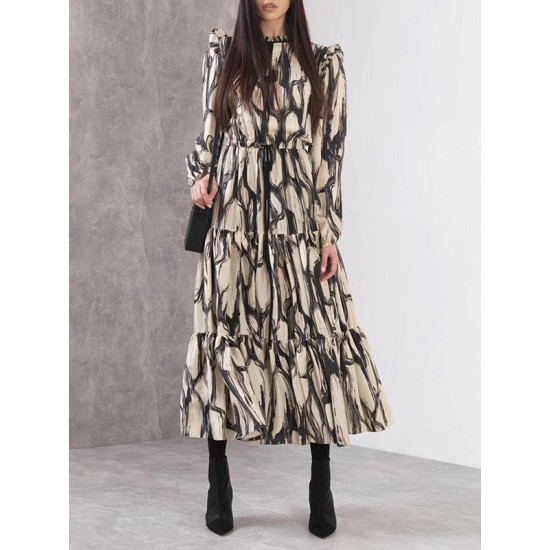 Elasticity Hollow Printed Split-Joint Tied Long Sleeves Loose Mock Neck Midi Dresses Elasticity Hollow Printed Split-Joint Tied Long Sleeves Loose Mock Neck Midi Dresses