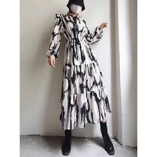 Elasticity Hollow Printed Split-Joint Tied Long Sleeves Loose Mock Neck Midi Dresses Elasticity Hollow Printed Split-Joint Tied Long Sleeves Loose Mock Neck Midi Dresses