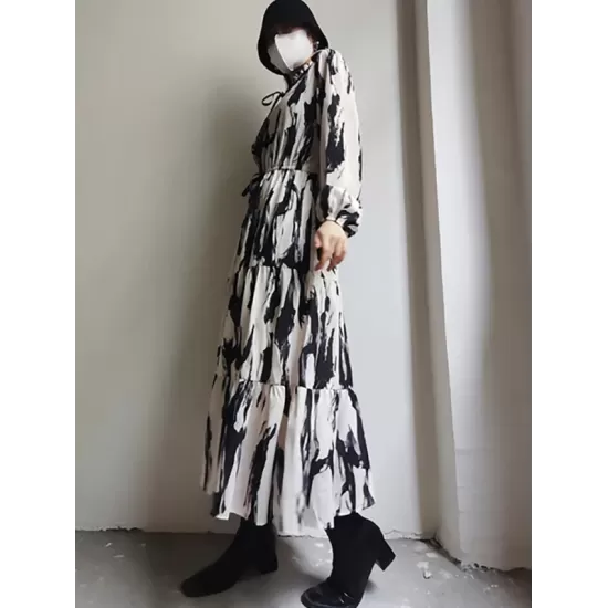 Elasticity Hollow Printed Split-Joint Tied Long Sleeves Loose Mock Neck Midi Dresses Elasticity Hollow Printed Split-Joint Tied Long Sleeves Loose Mock Neck Midi Dresses