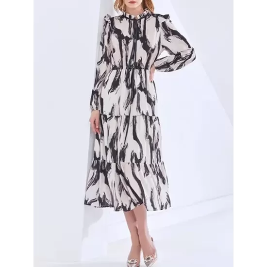 Elasticity Hollow Printed Split-Joint Tied Long Sleeves Loose Mock Neck Midi Dresses Elasticity Hollow Printed Split-Joint Tied Long Sleeves Loose Mock Neck Midi Dresses
