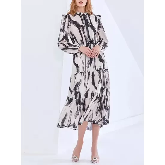 Elasticity Hollow Printed Split-Joint Tied Long Sleeves Loose Mock Neck Midi Dresses Elasticity Hollow Printed Split-Joint Tied Long Sleeves Loose Mock Neck Midi Dresses