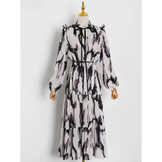 Elasticity Hollow Printed Split-Joint Tied Long Sleeves Loose Mock Neck Midi Dresses Elasticity Hollow Printed Split-Joint Tied Long Sleeves Loose Mock Neck Midi Dresses