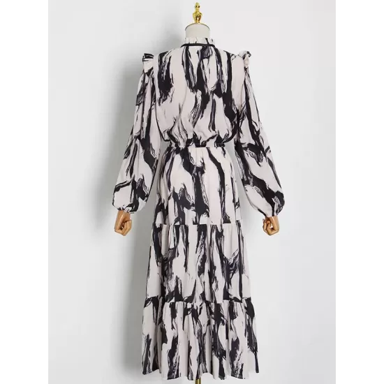 Elasticity Hollow Printed Split-Joint Tied Long Sleeves Loose Mock Neck Midi Dresses Elasticity Hollow Printed Split-Joint Tied Long Sleeves Loose Mock Neck Midi Dresses