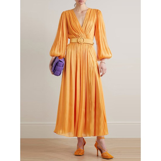 Belted Pleated Solid Color High Waisted Long Sleeves V-Neck Maxi Dresses Belted Pleated Solid Color High Waisted Long Sleeves V-Neck Maxi Dresses