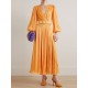 Belted Pleated Solid Color High Waisted Long Sleeves V-Neck Maxi Dresses Belted Pleated Solid Color High Waisted Long Sleeves V-Neck Maxi Dresses