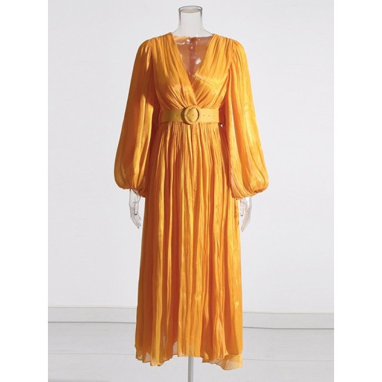 Belted Pleated Solid Color High Waisted Long Sleeves V-Neck Maxi Dresses Belted Pleated Solid Color High Waisted Long Sleeves V-Neck Maxi Dresses