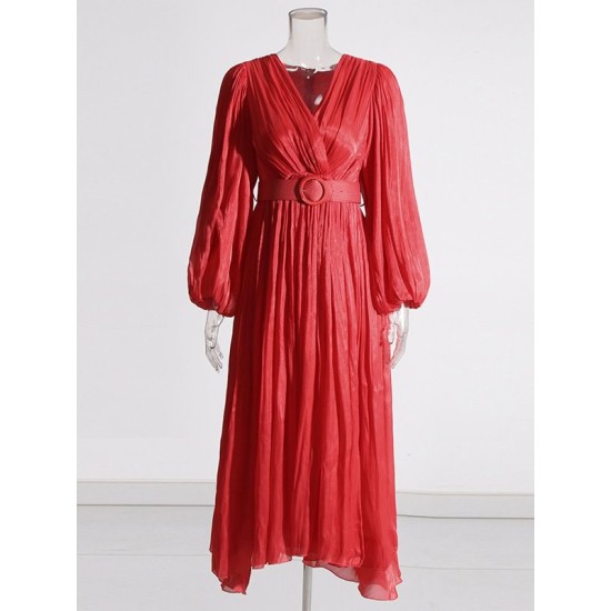 Belted Pleated Solid Color High Waisted Long Sleeves V-Neck Maxi Dresses Belted Pleated Solid Color High Waisted Long Sleeves V-Neck Maxi Dresses