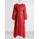 Belted Pleated Solid Color High Waisted Long Sleeves V-Neck Maxi Dresses Belted Pleated Solid Color High Waisted Long Sleeves V-Neck Maxi Dresses