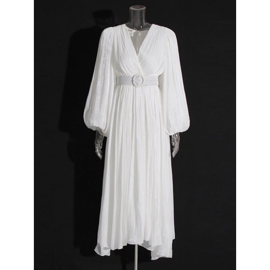 Belted Pleated Solid Color High Waisted Long Sleeves V-Neck Maxi Dresses Belted Pleated Solid Color High Waisted Long Sleeves V-Neck Maxi Dresses