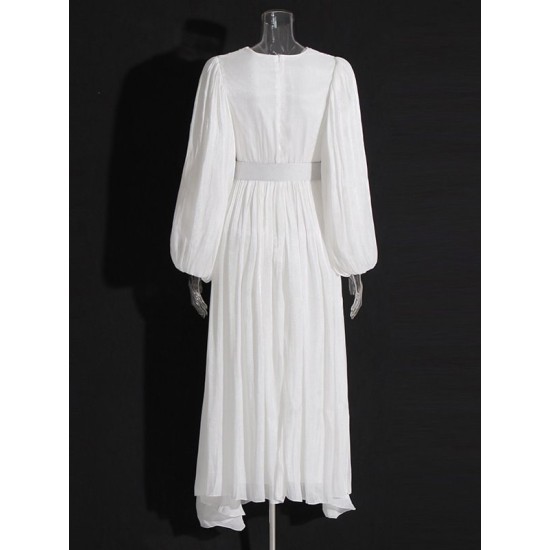 Belted Pleated Solid Color High Waisted Long Sleeves V-Neck Maxi Dresses Belted Pleated Solid Color High Waisted Long Sleeves V-Neck Maxi Dresses