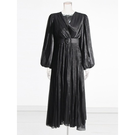 Belted Pleated Solid Color High Waisted Long Sleeves V-Neck Maxi Dresses Belted Pleated Solid Color High Waisted Long Sleeves V-Neck Maxi Dresses