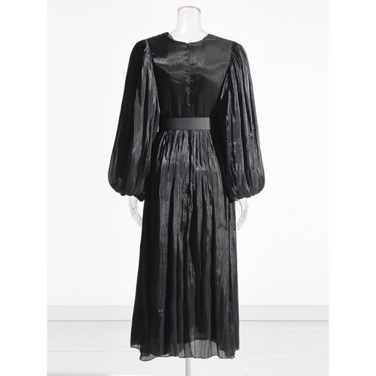 Belted Pleated Solid Color High Waisted Long Sleeves V-Neck Maxi Dresses Belted Pleated Solid Color High Waisted Long Sleeves V-Neck Maxi Dresses