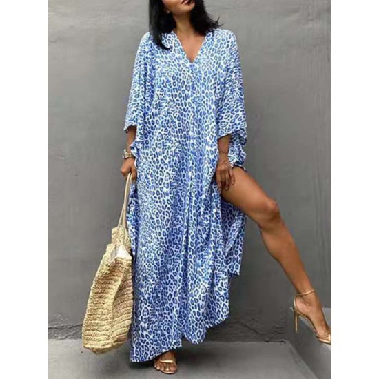 Leopard Split-Side Sun Protection Batwing Sleeves Loose V-Neck Maxi Dresses Cover-Ups Swimwear Leopard Split-Side Sun Protection Batwing Sleeves Loose V-Neck Maxi Dresses Cover-Ups Swimwear