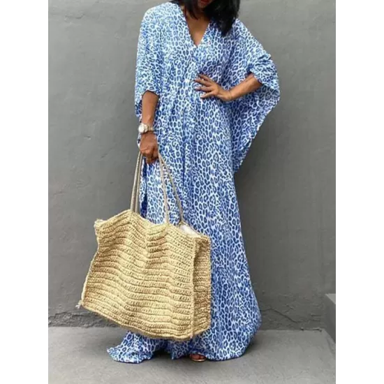 Leopard Split-Side Sun Protection Batwing Sleeves Loose V-Neck Maxi Dresses Cover-Ups Swimwear Leopard Split-Side Sun Protection Batwing Sleeves Loose V-Neck Maxi Dresses Cover-Ups Swimwear
