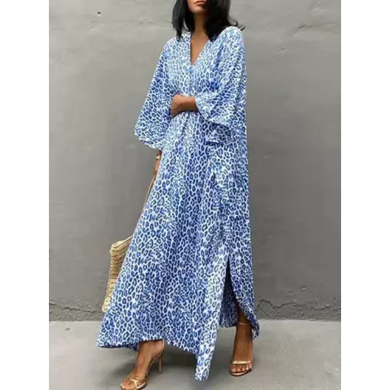 Leopard Split-Side Sun Protection Batwing Sleeves Loose V-Neck Maxi Dresses Cover-Ups Swimwear Leopard Split-Side Sun Protection Batwing Sleeves Loose V-Neck Maxi Dresses Cover-Ups Swimwear