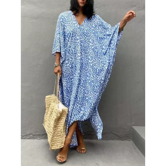 Leopard Split-Side Sun Protection Batwing Sleeves Loose V-Neck Maxi Dresses Cover-Ups Swimwear Leopard Split-Side Sun Protection Batwing Sleeves Loose V-Neck Maxi Dresses Cover-Ups Swimwear