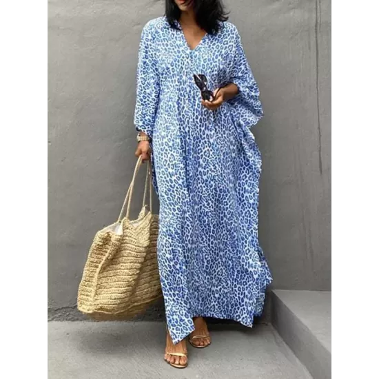 Leopard Split-Side Sun Protection Batwing Sleeves Loose V-Neck Maxi Dresses Cover-Ups Swimwear Leopard Split-Side Sun Protection Batwing Sleeves Loose V-Neck Maxi Dresses Cover-Ups Swimwear
