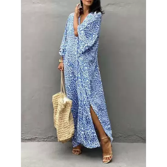 Leopard Split-Side Sun Protection Batwing Sleeves Loose V-Neck Maxi Dresses Cover-Ups Swimwear Leopard Split-Side Sun Protection Batwing Sleeves Loose V-Neck Maxi Dresses Cover-Ups Swimwear