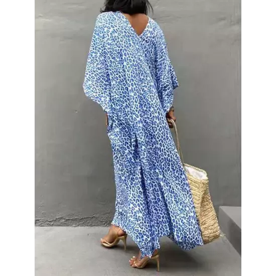 Leopard Split-Side Sun Protection Batwing Sleeves Loose V-Neck Maxi Dresses Cover-Ups Swimwear Leopard Split-Side Sun Protection Batwing Sleeves Loose V-Neck Maxi Dresses Cover-Ups Swimwear
