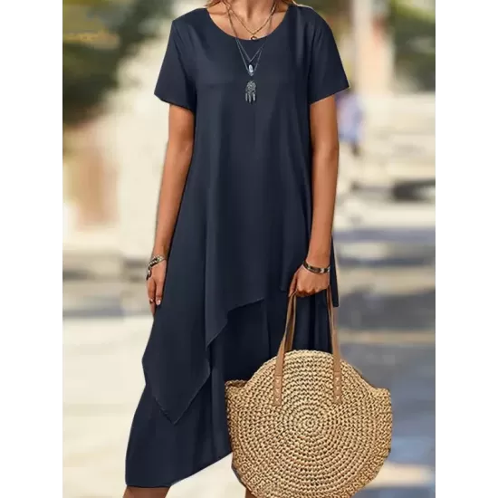 Asymmetric Solid Color Split-Joint Plus Size Short Sleeves Round-Neck Midi Dresses Asymmetric Solid Color Split-Joint Plus Size Short Sleeves Round-Neck Midi Dresses