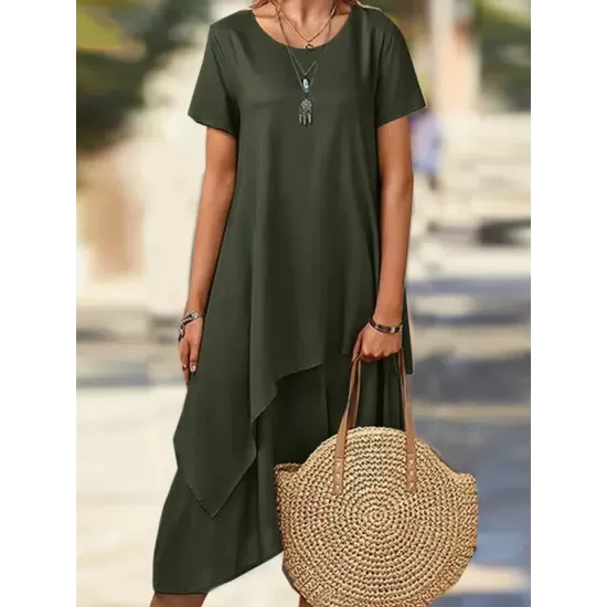 Asymmetric Solid Color Split-Joint Plus Size Short Sleeves Round-Neck Midi Dresses Asymmetric Solid Color Split-Joint Plus Size Short Sleeves Round-Neck Midi Dresses