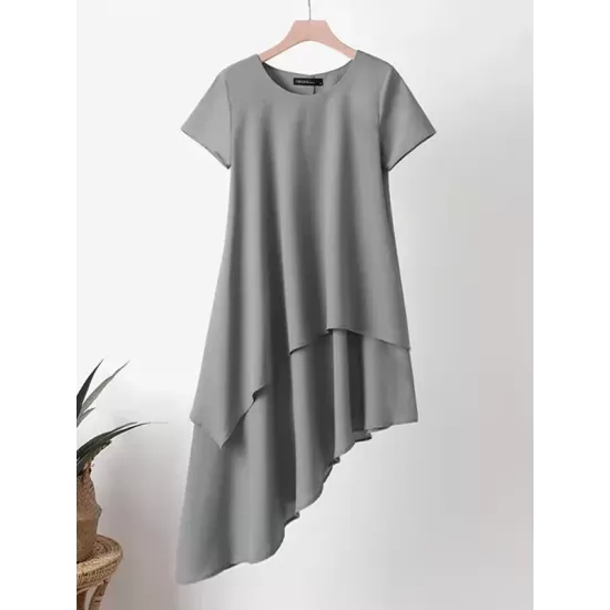 Asymmetric Solid Color Split-Joint Plus Size Short Sleeves Round-Neck Midi Dresses Asymmetric Solid Color Split-Joint Plus Size Short Sleeves Round-Neck Midi Dresses