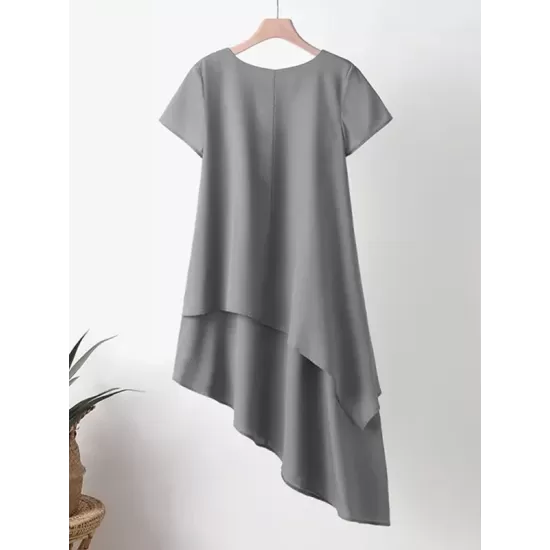 Asymmetric Solid Color Split-Joint Plus Size Short Sleeves Round-Neck Midi Dresses Asymmetric Solid Color Split-Joint Plus Size Short Sleeves Round-Neck Midi Dresses