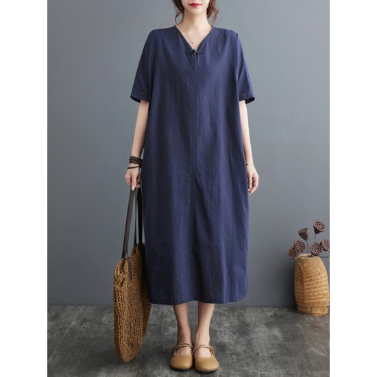Chinese Frog Buttons Pockets Solid Color Split-Side A-Line Loose V-Neck Midi Dresses Chinese Frog Buttons Pockets Solid Color Split-Side A-Line Loose V-Neck Midi Dresses