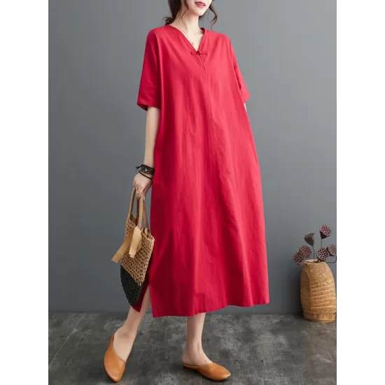 Chinese Frog Buttons Pockets Solid Color Split-Side A-Line Loose V-Neck Midi Dresses Chinese Frog Buttons Pockets Solid Color Split-Side A-Line Loose V-Neck Midi Dresses