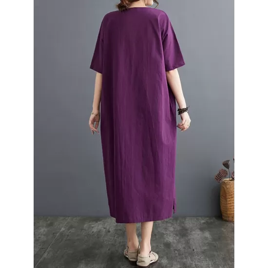 Chinese Frog Buttons Pockets Solid Color Split-Side A-Line Loose V-Neck Midi Dresses Chinese Frog Buttons Pockets Solid Color Split-Side A-Line Loose V-Neck Midi Dresses