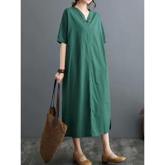 Chinese Frog Buttons Pockets Solid Color Split-Side A-Line Loose V-Neck Midi Dresses Chinese Frog Buttons Pockets Solid Color Split-Side A-Line Loose V-Neck Midi Dresses