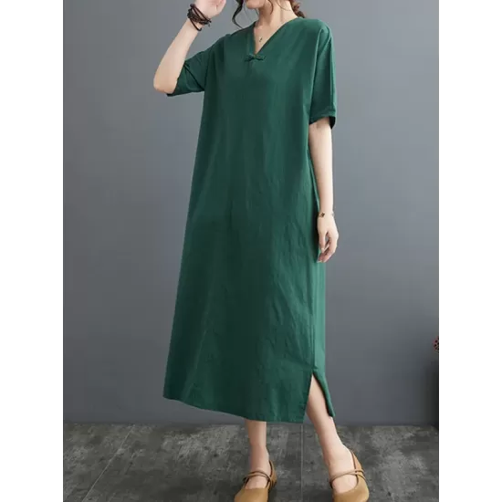 Chinese Frog Buttons Pockets Solid Color Split-Side A-Line Loose V-Neck Midi Dresses Chinese Frog Buttons Pockets Solid Color Split-Side A-Line Loose V-Neck Midi Dresses