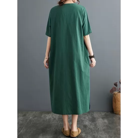 Chinese Frog Buttons Pockets Solid Color Split-Side A-Line Loose V-Neck Midi Dresses Chinese Frog Buttons Pockets Solid Color Split-Side A-Line Loose V-Neck Midi Dresses
