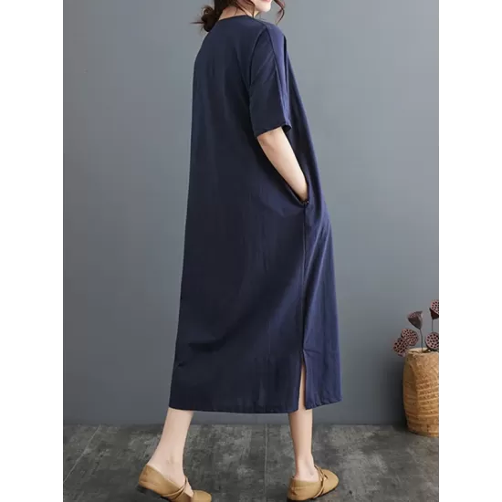 Chinese Frog Buttons Pockets Solid Color Split-Side A-Line Loose V-Neck Midi Dresses Chinese Frog Buttons Pockets Solid Color Split-Side A-Line Loose V-Neck Midi Dresses