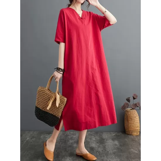 Chinese Frog Buttons Pockets Solid Color Split-Side A-Line Loose V-Neck Midi Dresses Chinese Frog Buttons Pockets Solid Color Split-Side A-Line Loose V-Neck Midi Dresses