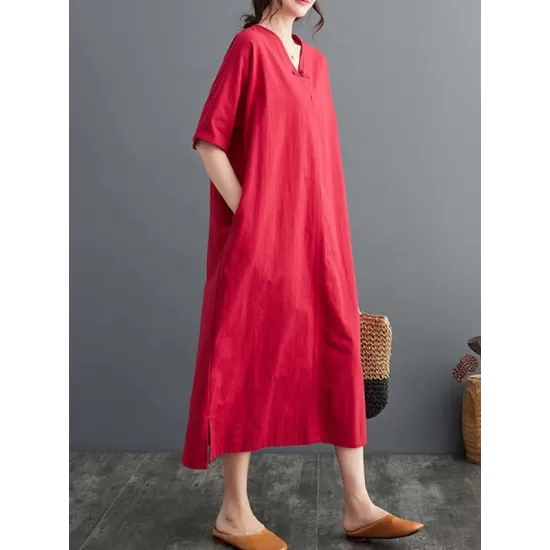 Chinese Frog Buttons Pockets Solid Color Split-Side A-Line Loose V-Neck Midi Dresses Chinese Frog Buttons Pockets Solid Color Split-Side A-Line Loose V-Neck Midi Dresses