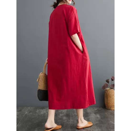 Chinese Frog Buttons Pockets Solid Color Split-Side A-Line Loose V-Neck Midi Dresses Chinese Frog Buttons Pockets Solid Color Split-Side A-Line Loose V-Neck Midi Dresses