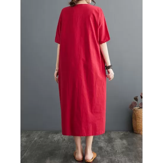 Chinese Frog Buttons Pockets Solid Color Split-Side A-Line Loose V-Neck Midi Dresses Chinese Frog Buttons Pockets Solid Color Split-Side A-Line Loose V-Neck Midi Dresses