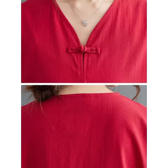 Chinese Frog Buttons Pockets Solid Color Split-Side A-Line Loose V-Neck Midi Dresses Chinese Frog Buttons Pockets Solid Color Split-Side A-Line Loose V-Neck Midi Dresses