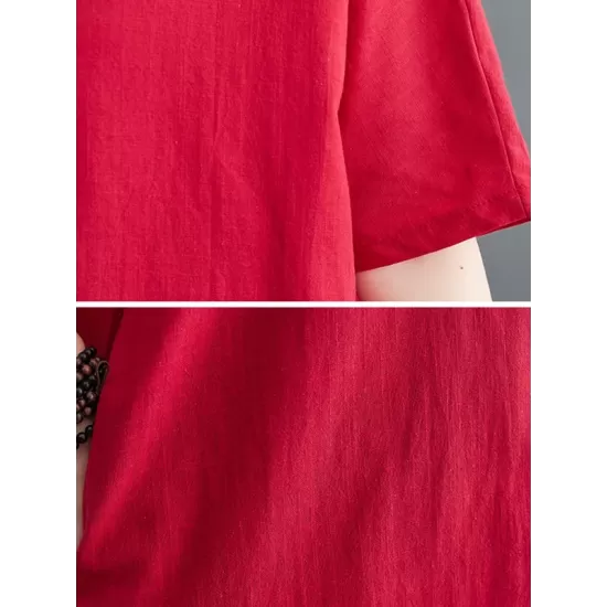 Chinese Frog Buttons Pockets Solid Color Split-Side A-Line Loose V-Neck Midi Dresses Chinese Frog Buttons Pockets Solid Color Split-Side A-Line Loose V-Neck Midi Dresses