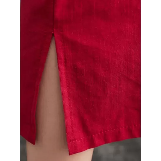 Chinese Frog Buttons Pockets Solid Color Split-Side A-Line Loose V-Neck Midi Dresses Chinese Frog Buttons Pockets Solid Color Split-Side A-Line Loose V-Neck Midi Dresses