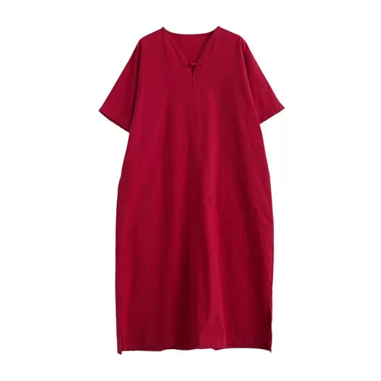 Chinese Frog Buttons Pockets Solid Color Split-Side A-Line Loose V-Neck Midi Dresses Chinese Frog Buttons Pockets Solid Color Split-Side A-Line Loose V-Neck Midi Dresses