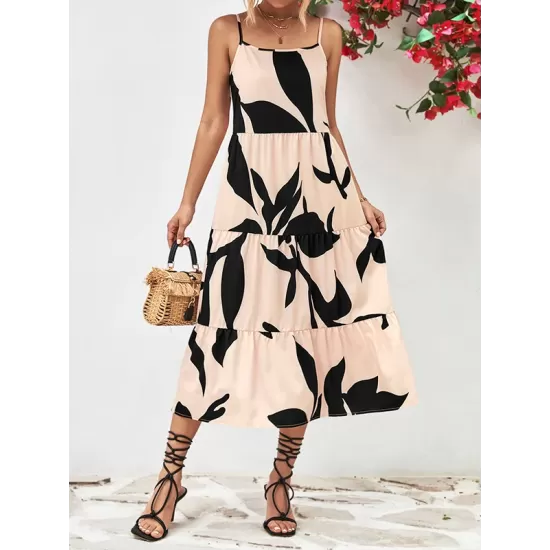 Contrast Color Floral Printed Loose Sleeveless Spaghetti-Neck Midi Dresses Contrast Color Floral Printed Loose Sleeveless Spaghetti-Neck Midi Dresses