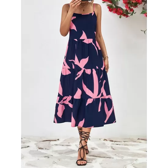 Contrast Color Floral Printed Loose Sleeveless Spaghetti-Neck Midi Dresses Contrast Color Floral Printed Loose Sleeveless Spaghetti-Neck Midi Dresses