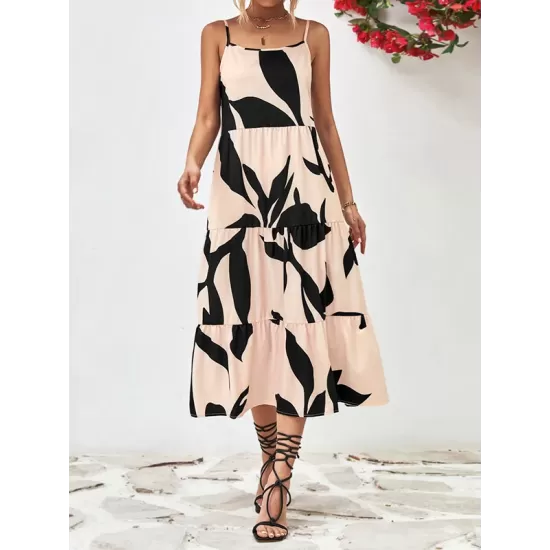 Contrast Color Floral Printed Loose Sleeveless Spaghetti-Neck Midi Dresses Contrast Color Floral Printed Loose Sleeveless Spaghetti-Neck Midi Dresses