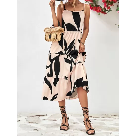 Contrast Color Floral Printed Loose Sleeveless Spaghetti-Neck Midi Dresses Contrast Color Floral Printed Loose Sleeveless Spaghetti-Neck Midi Dresses