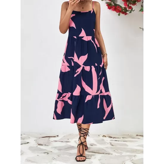 Contrast Color Floral Printed Loose Sleeveless Spaghetti-Neck Midi Dresses Contrast Color Floral Printed Loose Sleeveless Spaghetti-Neck Midi Dresses