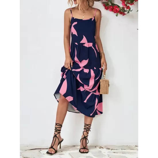 Contrast Color Floral Printed Loose Sleeveless Spaghetti-Neck Midi Dresses Contrast Color Floral Printed Loose Sleeveless Spaghetti-Neck Midi Dresses